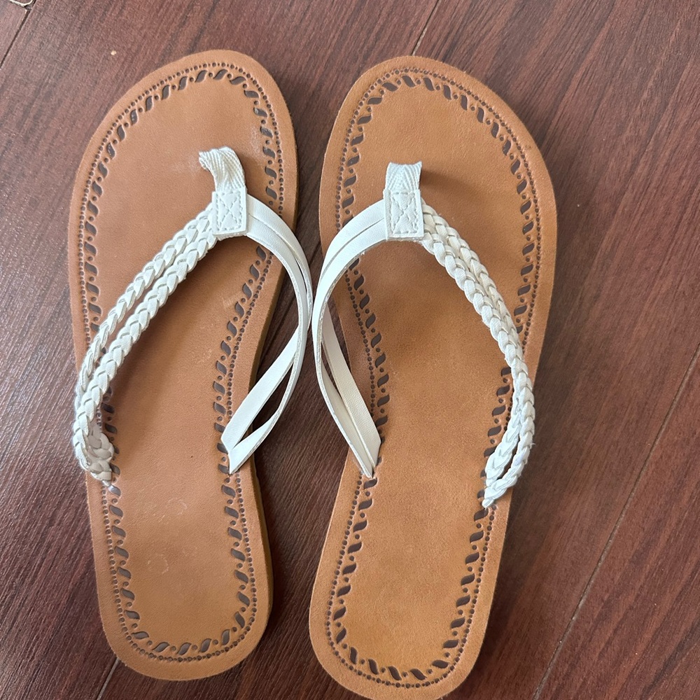 Braided White Strap Tan Footbed Women's Flip Flops